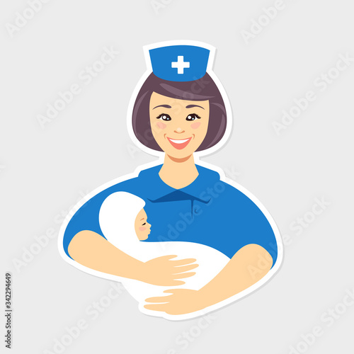 Smiling midwife holding newborn. Vector flat illustration