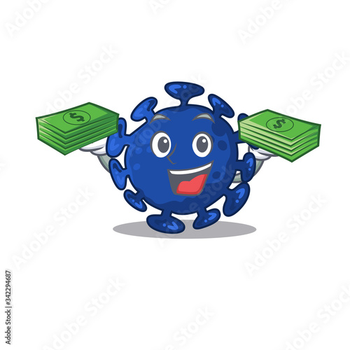 A wealthy streptococcus cartoon character having money on hands