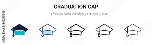 Graduation cap icon in filled, thin line, outline and stroke style. Vector illustration of two colored and black graduation cap vector icons designs can be used for mobile, ui, web