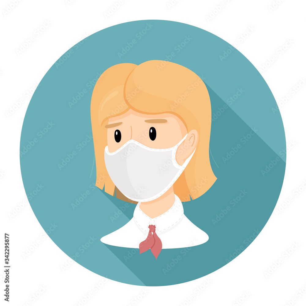Icon with a girl in a medical mask. Young business woman, blonde, European appearance. Stay healthy, wear masks, and protect yourself from the coronavirus. Color vector illustration. Sign for toilets