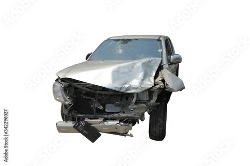 Pick up truck destroyed at the front side isolated on white background and clipping path included. 