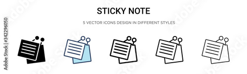Sticky note icon in filled, thin line, outline and stroke style. Vector illustration of two colored and black sticky note vector icons designs can be used for mobile, ui, web