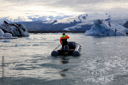 Jokulsarlon / Iceland - August 29, 2017: A Zodiac boat in Glacier Lagoon, Iceland, Europe