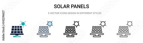 Solar panels icon in filled, thin line, outline and stroke style. Vector illustration of two colored and black solar panels vector icons designs can be used for mobile, ui, web