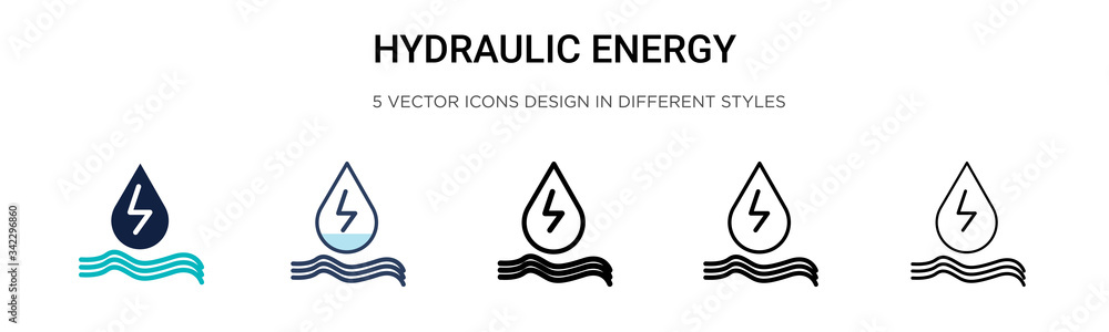 Fototapeta premium Hydraulic energy icon in filled, thin line, outline and stroke style. Vector illustration of two colored and black hydraulic energy vector icons designs can be used for mobile, ui, web