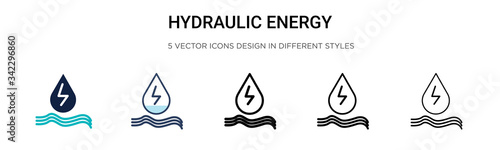 Hydraulic energy icon in filled, thin line, outline and stroke style. Vector illustration of two colored and black hydraulic energy vector icons designs can be used for mobile, ui, web