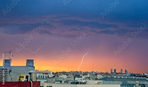 Lightning storm at sunset in Madrid, Spain