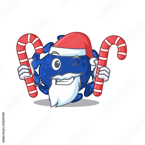 Friendly streptococcus in Santa Cartoon character holds Christmas candies