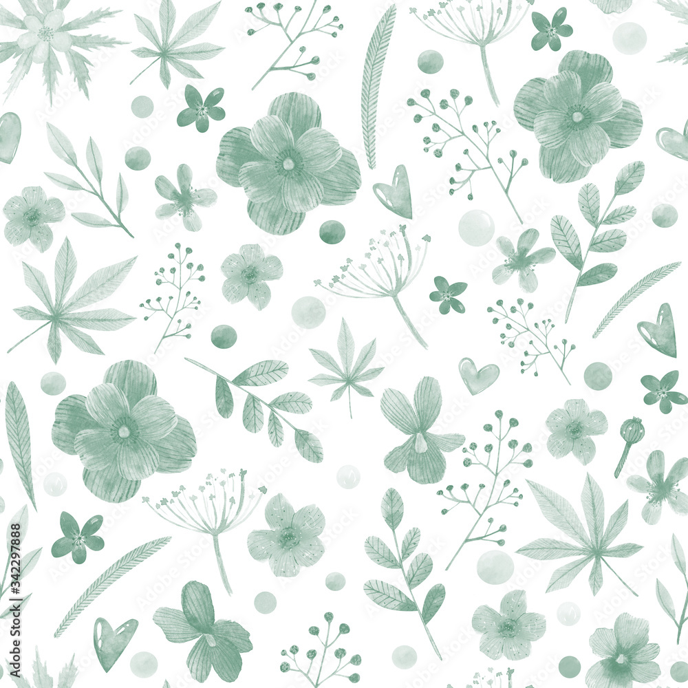watercolor monochrome floral seamless pattern with flowers and leaves