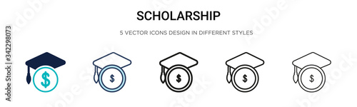 Scholarship icon in filled, thin line, outline and stroke style. Vector illustration of two colored and black scholarship vector icons designs can be used for mobile, ui, web