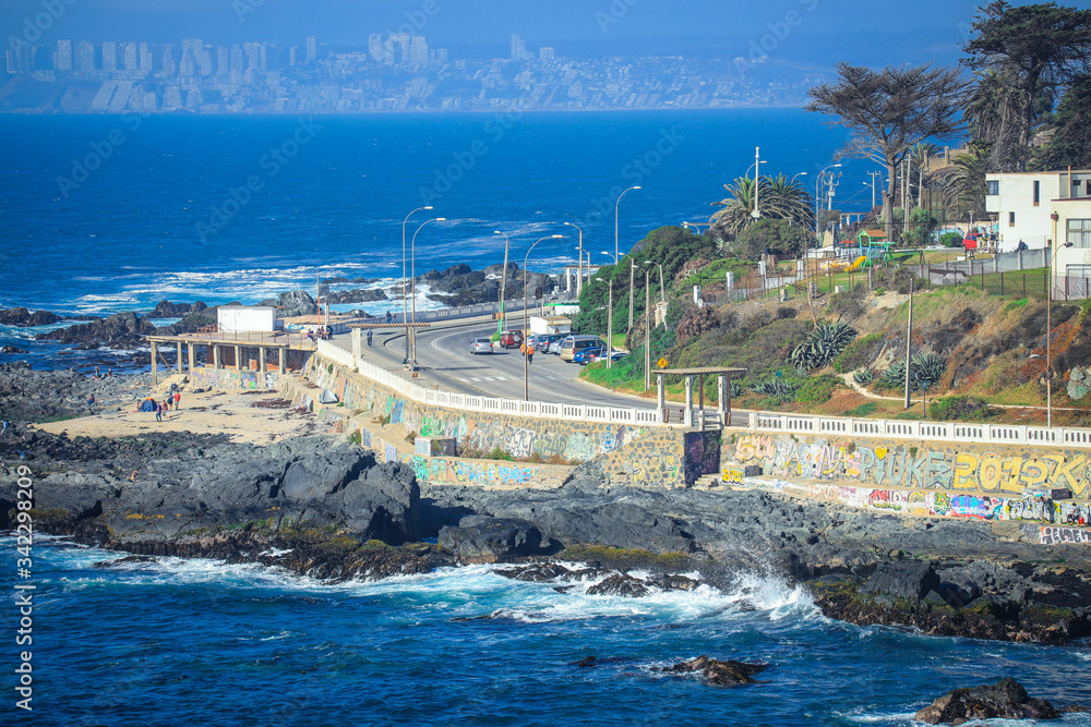 Lighthouse on the Stone Rocks of the Pacific Ocean Coastline near Vina del Mar, Chile