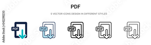 Pdf icon in filled, thin line, outline and stroke style. Vector illustration of two colored and black pdf vector icons designs can be used for mobile, ui, web