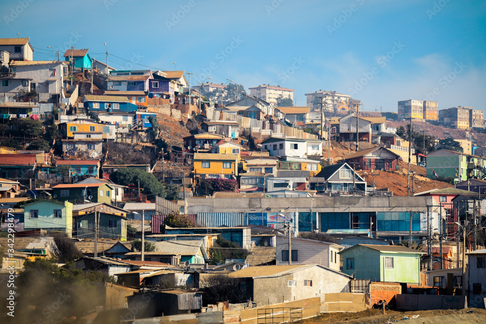 Valparaiso, Chile - March 08, 2020: Panaramic View to the Colorful Houses on the Chilean Hills