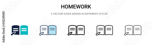Homework icon in filled, thin line, outline and stroke style. Vector illustration of two colored and black homework vector icons designs can be used for mobile, ui, web