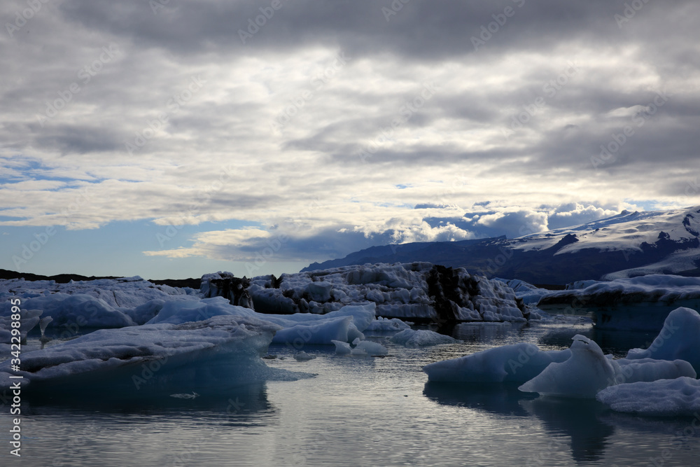 Jokulsarlon / Iceland - August 29, 2017: Ice formations and icebergs in Glacier Lagoon, Iceland, Europe