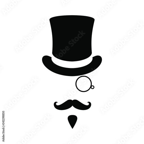 Mister graphic icon. Man with moustaches, beard, monocle and top hat. Graphic sign isolated on white background. Vector illustration