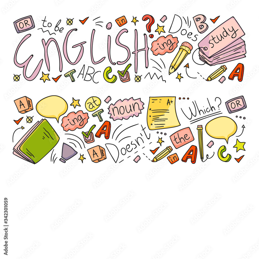 English courses. Doodle vector concept illustration of learning english language. English courses. Doodle vector concept illustration of learning english language.