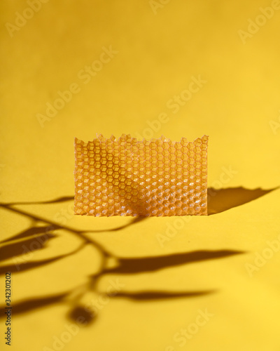 Obraz na plátně beeswax candle on yellow background with shadows of flowers minimal abstract sti