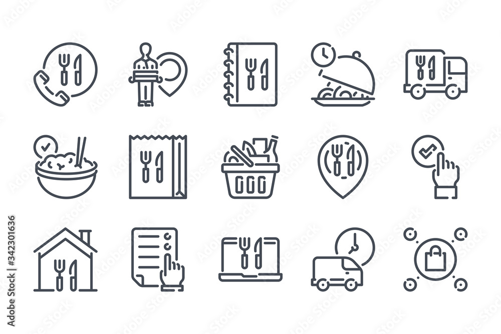 Food delivery service line icon set. Online order outline vector icons. Home delivery service icon collection. Food delivery service line icon set. Online order outline vector icons. Home delivery service icon collection.