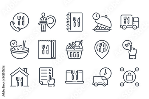 Food delivery service line icon set. Online order outline vector icons. Home delivery service icon collection.