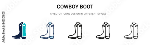 Cowboy boot icon in filled, thin line, outline and stroke style. Vector illustration of two colored and black cowboy boot vector icons designs can be used for mobile, ui, web