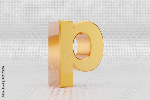 Yellow 3d letter P lowercase. Glossy yellow metallic letter on metal floor background. 3d rendered font character.