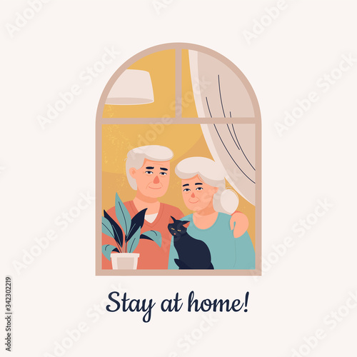 Vector elderly couple with a cat is at home by the window and text Stay at home on light backrond photo