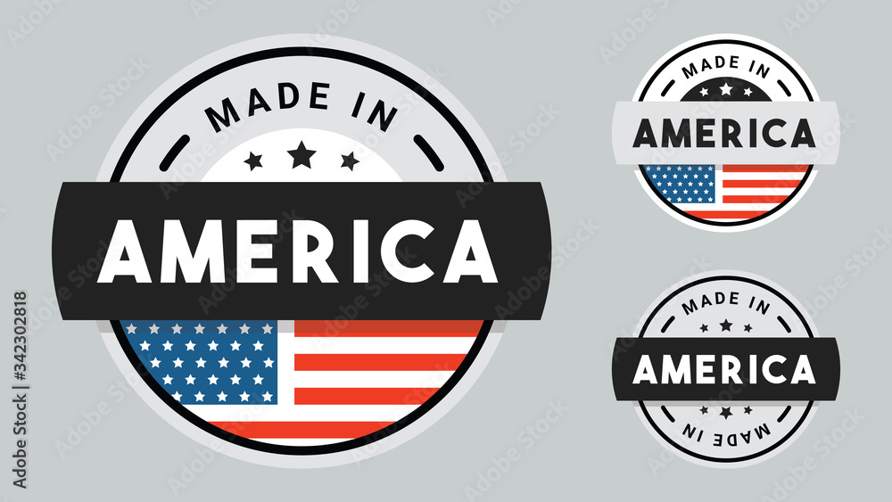 Made in America collection of ribbon, label, stickers, badge, icon and page curl with USA flag symbol.