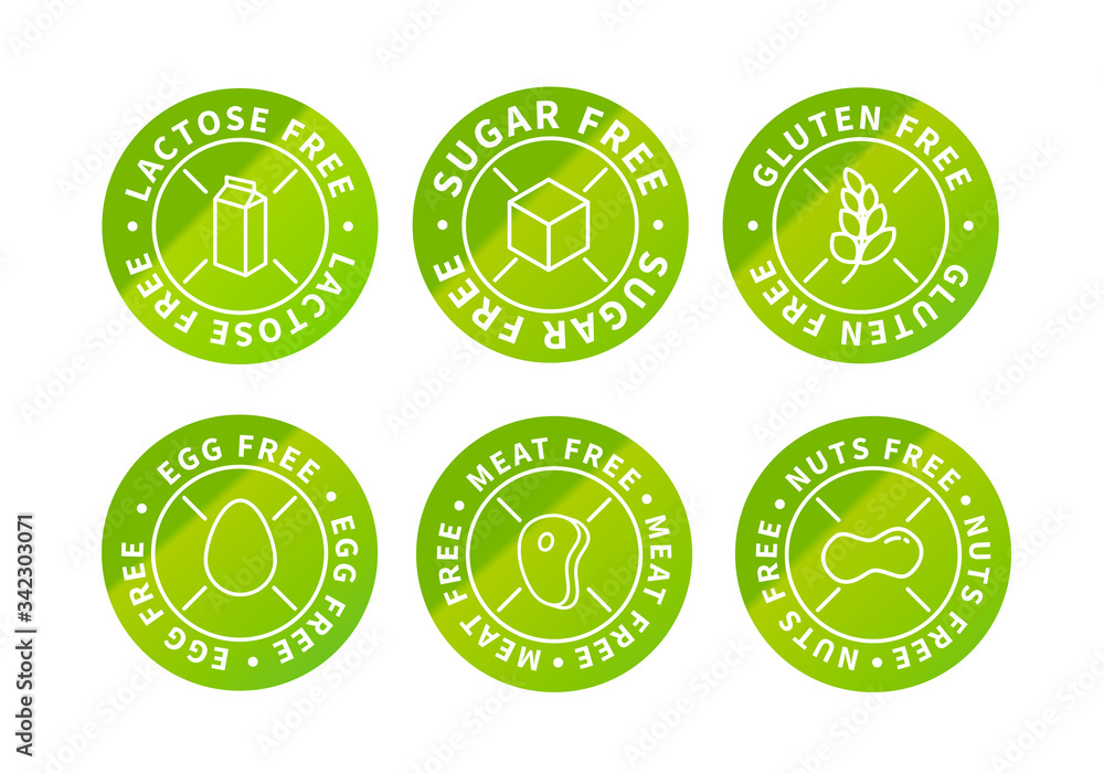 Set of food simple bright green eco icons, lactose free, sugar free, nuts free, egg free, meat free, gluten free on white Set of food simple bright green eco icons, lactose free, sugar free, nuts free, egg free, meat free, gluten free on white