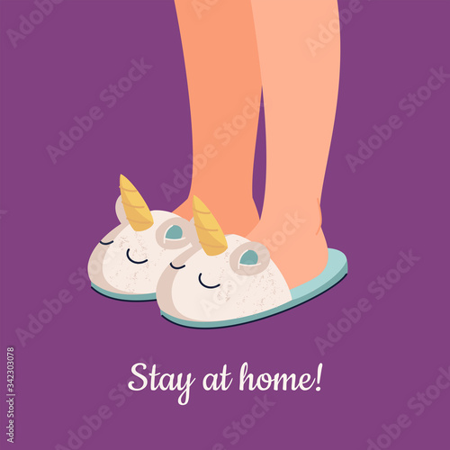 Vector human feet in cozy unicorn slippers and text Stay at home!