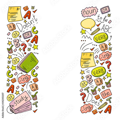 English courses. Doodle vector concept illustration of learning english language.