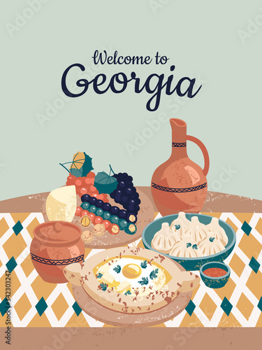 Vector jug of wine, khachapuri, churchkhela, khinkali, cheese, walnut, grapes on the table and the text Welcome to Georgia
