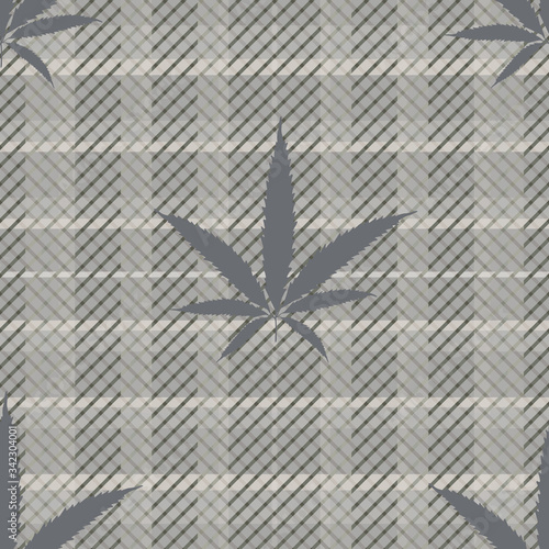 Cannabis leaves seamless vector pattern background. Monochrome gray hemp foliage on tartan plaid backdrop. Elegant botanical marijuana design. All over print for wellness, health, self care concept