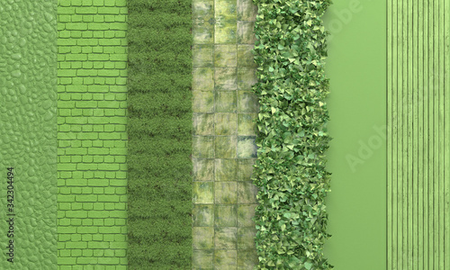 Green wall with set textures of stone, brick masonry, grass, tile, wooden board, vertical gardening.  Green background. 3D rendering. photo