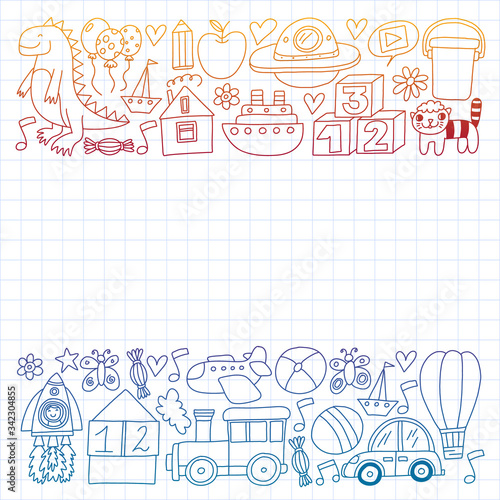 Kindergarten preschool school children. Kids drawing style vector pattern. Play grow learn together.