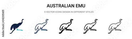 Australian emu icon in filled, thin line, outline and stroke style. Vector illustration of two colored and black australian emu vector icons designs can be used for mobile, ui, web