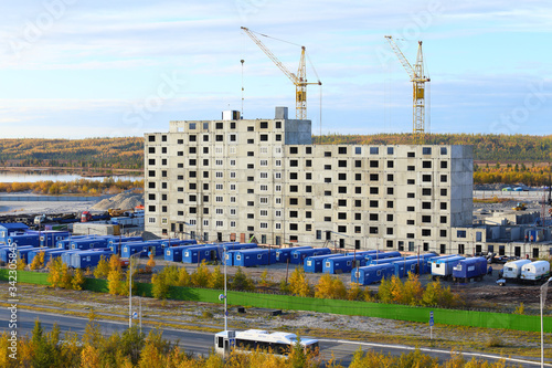 Construction site on an autumn day in the city of Nadym in the Arctic region of Russia