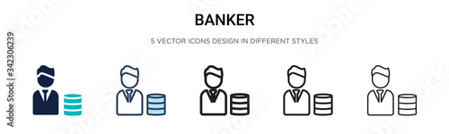 Banker icon in filled, thin line, outline and stroke style. Vector illustration of two colored and black banker vector icons designs can be used for mobile, ui, web