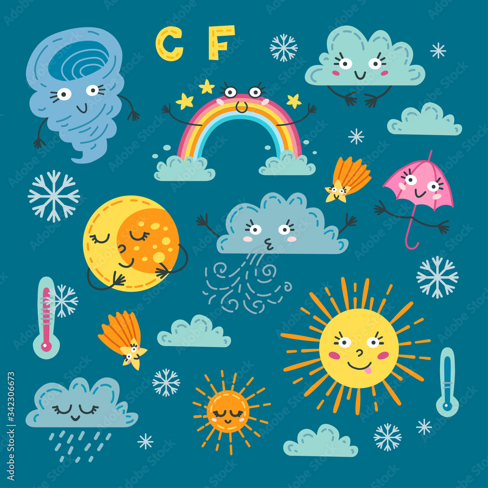 Cute weather set. A forecast meteorology symbols Cute weather set. A forecast meteorology symbols