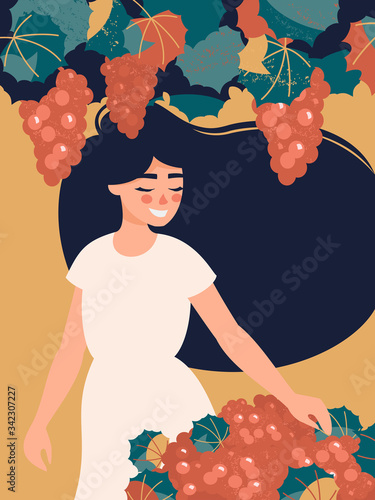 Vector young brunette woman is picking grapes