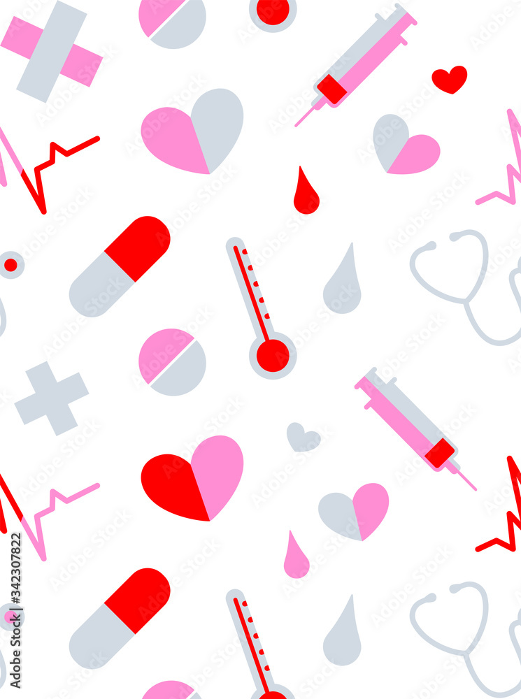 Seamless pattern with medical icons, on a white background, vector illustration. Seamless pattern with medical icons, on a white background, vector illustration.