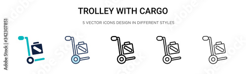 Trolley with cargo icon in filled, thin line, outline and stroke style. Vector illustration of two colored and black trolley with cargo vector icons designs can be used for mobile, ui, web