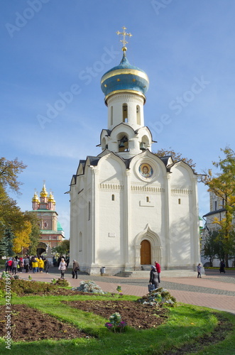 Sergiev Posad, Russia - October 9, 2018: Church of the Descent of the Holy spirit in the Holy Trinity Sergius Lavra. Golden ring of Russia