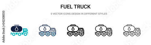 Fuel truck icon in filled, thin line, outline and stroke style. Vector illustration of two colored and black fuel truck vector icons designs can be used for mobile, ui, web