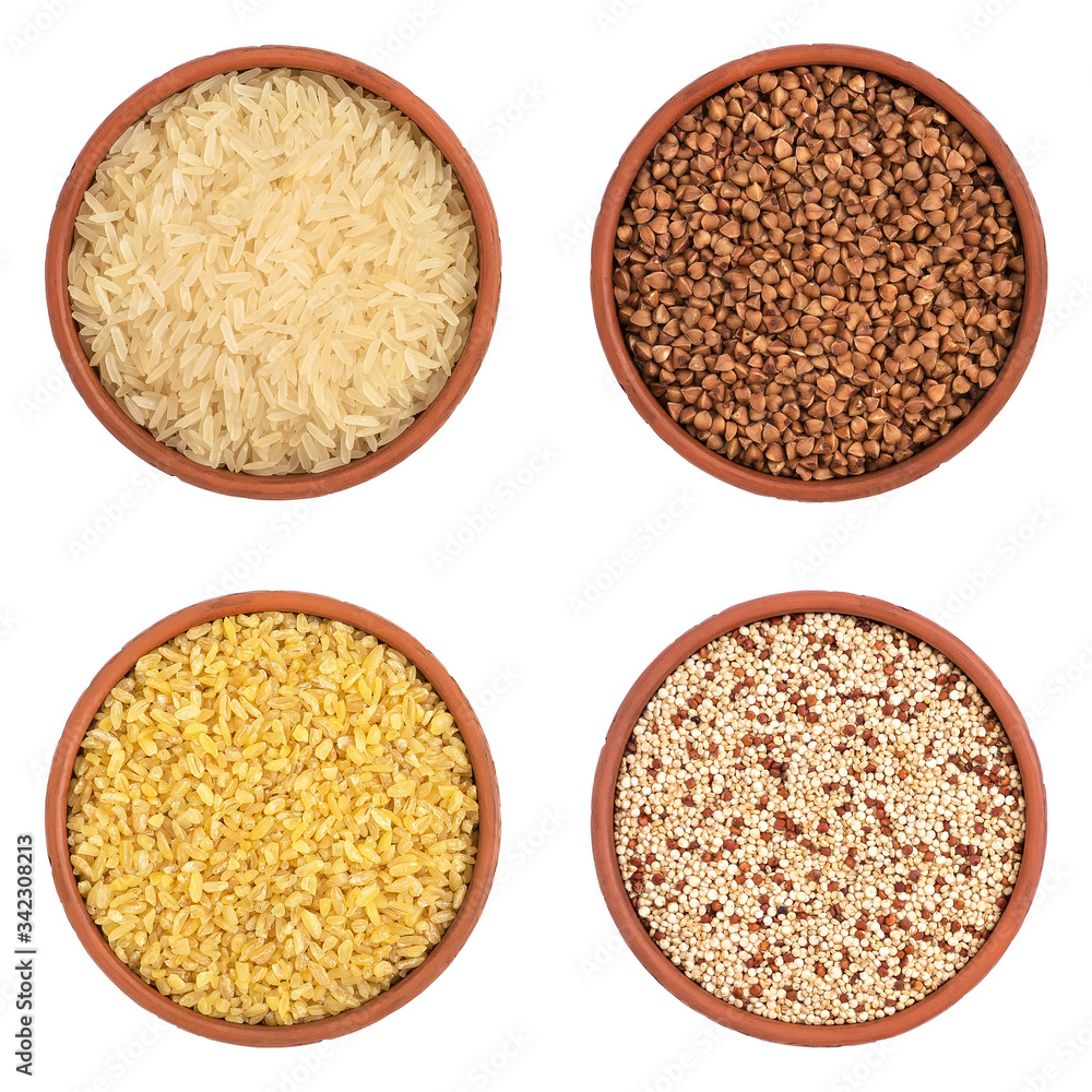 Collection of various grains in bowls isolated on white background. Set of cereals- buckwheat, rice, bulgur, quinoa . Top view. Collection of various grains in bowls isolated on white background. Set of cereals- buckwheat, rice, bulgur, quinoa . Top view.