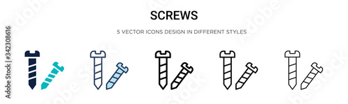 Screws icon in filled, thin line, outline and stroke style. Vector illustration of two colored and black screws vector icons designs can be used for mobile, ui, web