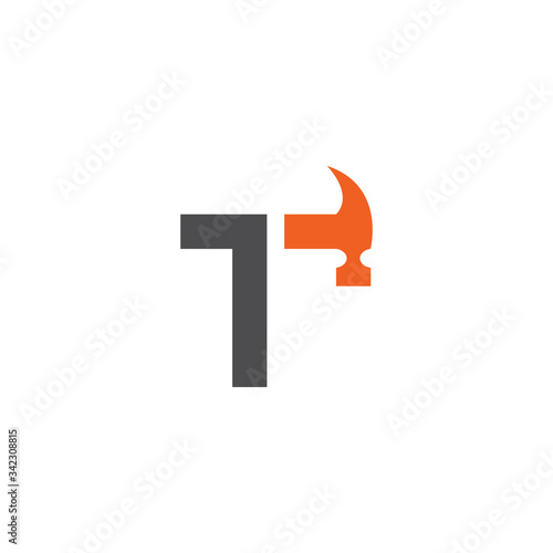 Letter T with with hammer renovation, building services, repair, construction logo design template. Orange and Grey color icon.  Isolated on white background. Vector illustration in eps 10. 
