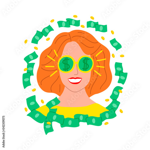 Young womans face surrounded with dollars vector illustration