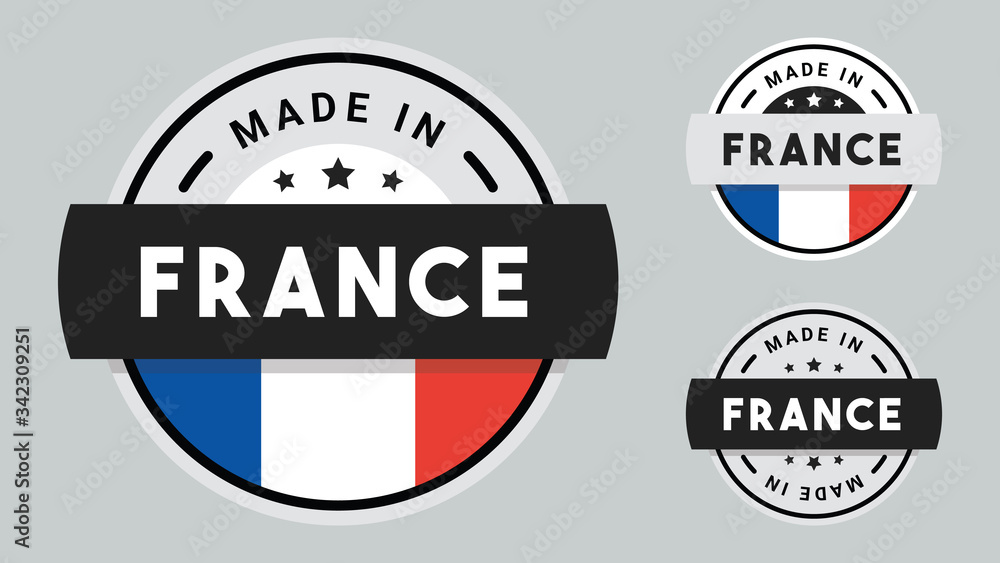 Made in France collection of ribbon, label, stickers, badge, icon and page curl with France flag symbol.