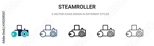 Steamroller icon in filled, thin line, outline and stroke style. Vector illustration of two colored and black steamroller vector icons designs can be used for mobile, ui, web